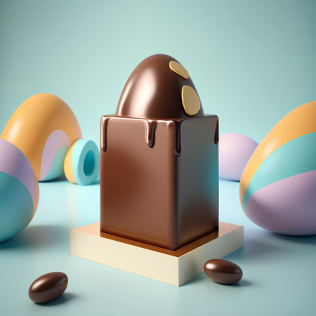 Chocolate Easter egg on a pedestal. 3D illustration.の素材