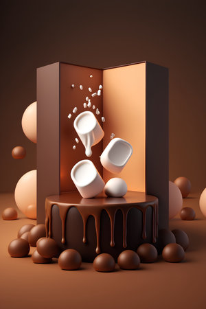 3d render of a chocolate cake with marshmallows on a brown backgroundの素材