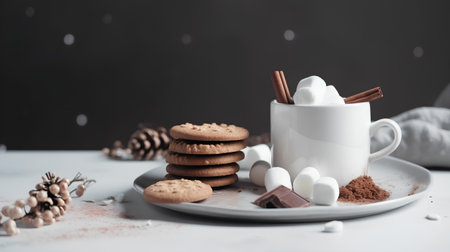 Cup of hot cocoa with marshmallow, cookies and chocolate on white tableの素材
