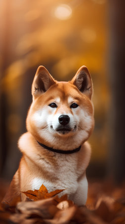 Portrait of a shiba inu dog in the autumn forestの素材