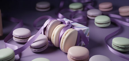 Macaroons with purple ribbon on a purple background. Toned.の素材