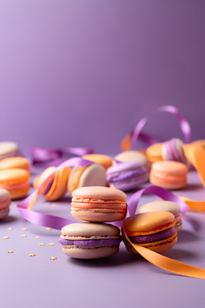 Colorful macaroons with ribbons on purple background, closeupの素材