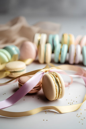 Colorful macaroons with ribbons on a white background.の素材