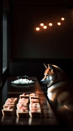 Shiba Inu and sushi on a wooden table in a restaurantの素材