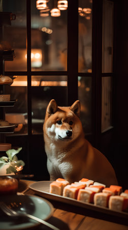 Shiba inu dog sitting at table with sushi and rolls in restaurantの素材
