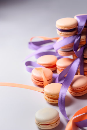 Colorful macaroons with purple ribbon on a white background.の素材