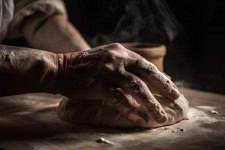 Hands of an old woman kneading dough on a wooden tableの素材