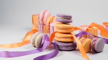 Colorful macaroons and ribbon on white background, closeupの素材