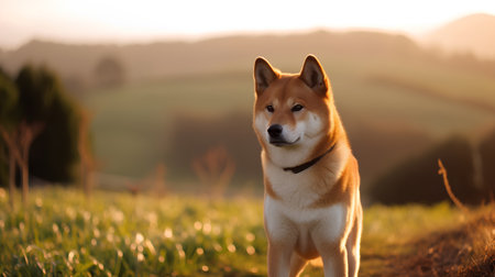 Shiba inu dog standing in the meadow and looking at the sunsetの素材
