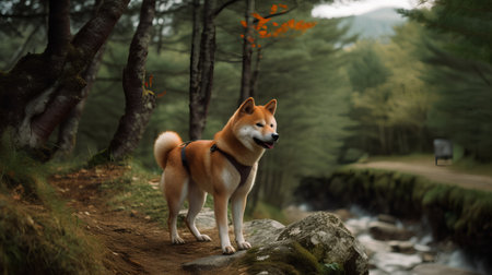Shiba Inu dog standing on a stone in the forest.の素材