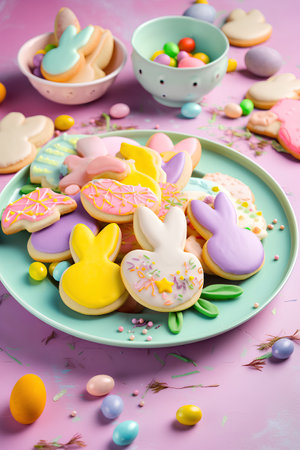 Colorful Easter cookies in the shape of a bunny on a pink backgroundの素材