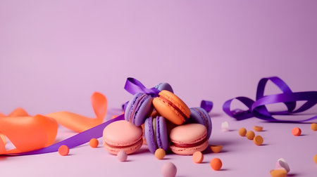 Colorful macaroons with ribbons and confetti on purple backgroundの素材