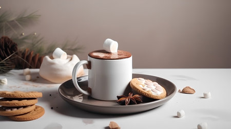 Cup of hot chocolate with marshmallows and cookies on white tableの素材