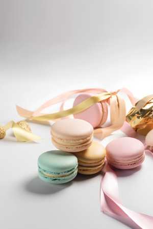 Colorful macaroons with ribbons on white background, copy spaceの素材