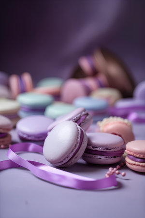 Colorful macaroons on a purple background. Selective focus.の素材