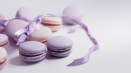 Macaroons with lilac ribbon on a white background. Toned.の素材