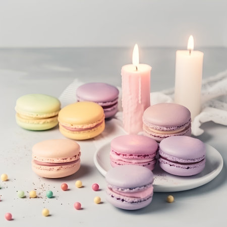 Colorful macaroons and candles on white background, closeupの素材
