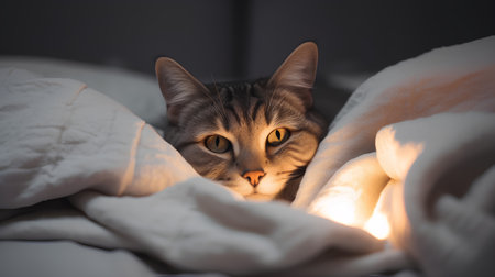 Cute tabby cat lying in bed under blanket and looking at cameraの素材