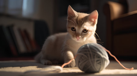 Cute little kitten playing with ball of yarn on carpet at homeの素材