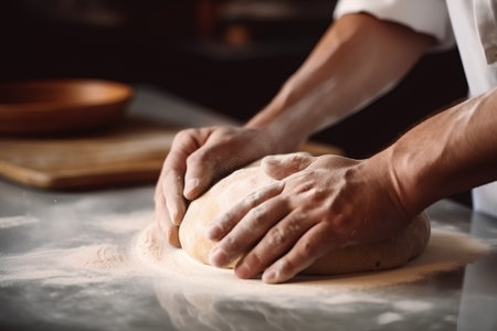 Male hands kneading dough on a table in the kitchen.の素材