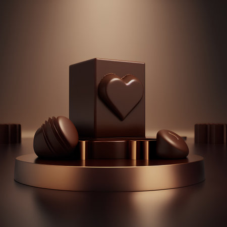 Chocolate candies with heart on podium. 3D rendering.の素材