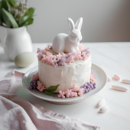 Easter cake with pink hyacinths, white rabbit and eggsの素材