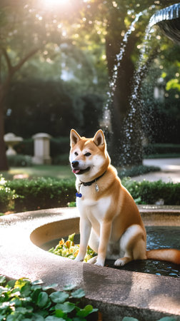 Shiba inu dog sitting in the fountain in the park.の素材