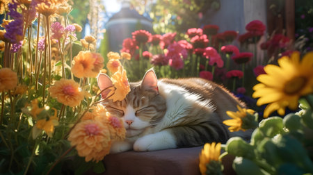 Cute cat sleeping among flowers in the garden at sunny day.の素材