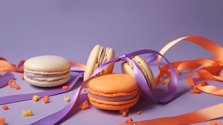 Colorful macaroons and ribbons on purple background, close upの素材