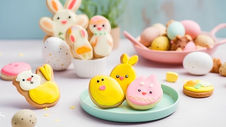 Easter cookies in shape of chicken, bunny and chick on plateの素材