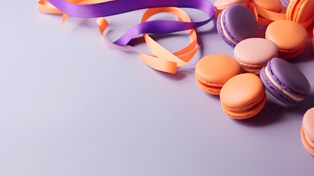 Macaroons and ribbons on a blue background with copy spaceの素材