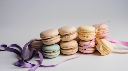 Colorful macaroons on white background with violet ribbons.の素材