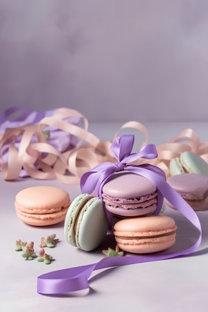 Colorful macaroons tied with purple ribbon on pastel backgroundの素材