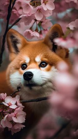 Close-up portrait of a red fox among pink cherry blossomsの素材