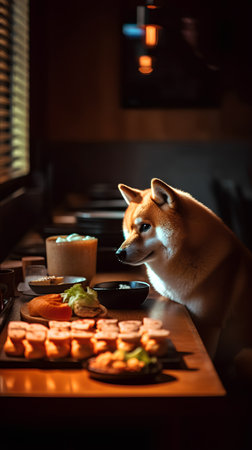 Shiba inu at a table in a restaurant. Japanese foodの素材
