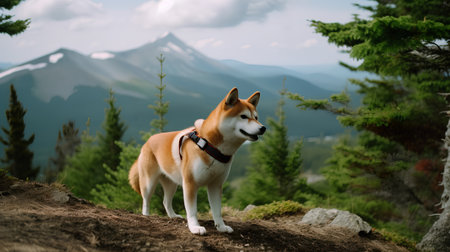 Shiba Inu dog standing on the rock. Mountain background.の素材