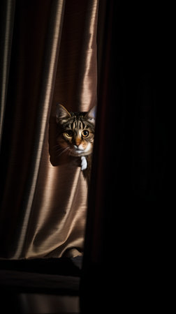 Cute cat hiding behind the curtain and looking at the camera.の素材