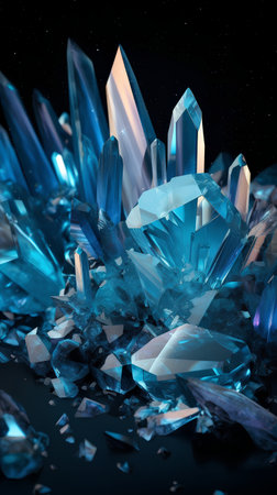 Blue crystals on black background. 3d rendering, 3d illustration.の素材