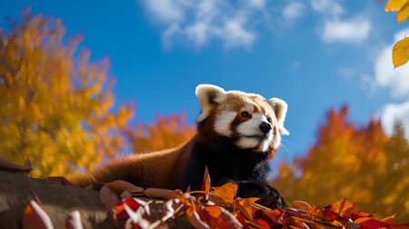 Red panda in the autumn forest on a background of blue skyの素材