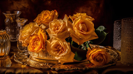 Bouquet of yellow roses in a golden bowl on a dark backgroundの素材