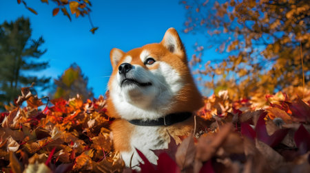 Shiba inu dog in autumn leaves on a sunny day.の素材