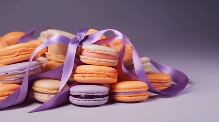 Colorful macaroons with purple ribbons on a purple backgroundの素材