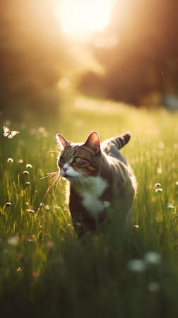 Cute tabby cat walking on the grass in the sunset lightの素材
