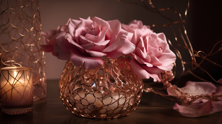 Bouquet of pink roses in a golden vase on a dark backgroundの素材