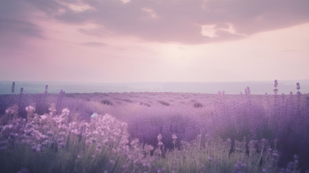 Beautiful lavender field at sunset. Vintage style toned pictureの素材