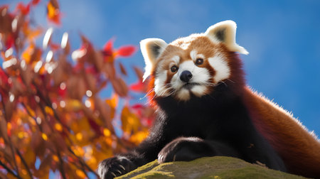 Red panda sitting on a rock with autumn leaves in the backgroundの素材