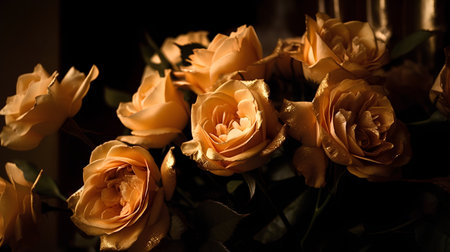Beautiful yellow roses in a vase on a dark background.の素材