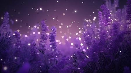 purple lavender flowers with bokeh lights on purple backgroundの素材