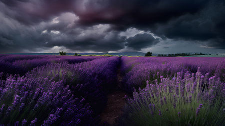 Lavender field with dark stormy sky. Provence, Franceの素材