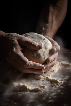 Man kneads the dough on a dark background. Selective focus.の素材